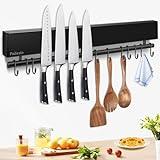 Pailexin 17 inch magnetic knife holder with 10 hooks, No Drilling black knife magnetic strip and utensil hanger for wall, Powerful knife magnet rack include tape and screws