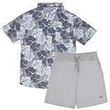 Tommy Bahama Boys Hawaiian Button Down Short Sleeve Shirt & Elastic Waist Shorts Set, Casual 2-Piece Summer Outfit for Kids (Gray/Blue, Size 10/12)