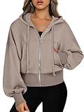 ANRABESS Women's Zip Up Hoodies Cropped Sweatshirts Casual Zip Jackets 2025 Fashion Trendy Fall Outfits Khaki Medium
