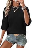 Arach&Cloz 2025 Women's Cotton Summer Crochet Tops Crew Neck 3/4 Half Elbow Drop Short Sleeve Hollow Out Oversized Loose Fit Knit Sweater Casual Outfits Fashion Trendy Shirts Black M
