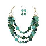 Secret for Longevity Triple Strand Multi Greens Emerald Jade Malachite Olive Colored Resin Big Chunky Collar Statement Necklace