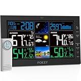 Fokey Weather Station Wireless Indoor Outdoor, Indoor Outdoor Thermometer Wireless, Home Atomic Clock Weather Stations, Digital Temperature Humidity Barometer Inside Outside Thermometers, Black