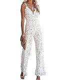 Women Elegant Jumpsuit Spaghetti Straps V Neck Solid Color Lace Backless One Piece Wide-leg Jumpsuits Long Playsuit (White, M)