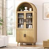 Arched Storage Cabinet 70.8" Tall, Modern Fluted Door Cabinet with Tempered Glass and Adjustable Shelves, Solid Wood Legs Accent Furniture for Living Room, Kitchen, Dining Room, Entryway, Natural