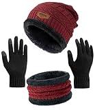 Winter Beanie Hat Circle Scarf Touchscreen Gloves Set, Snow Knit Skull Cap, Warm Thick Fleece Lined Neck Warmer for Men Women