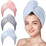 Hicober Microfiber Hair Towel, 3 Packs Hair Turbans for Wet Hair, Drying Hair Wrap Towels for Curly Hair Women Anti Frizz (Blue,Grey,Pink)