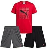 PUMA Boys Active Short Set - 3 Piece Short Sleeve Logo Graphic Tee and Poly Interlock Mesh Shorts for Boys (Sizes: 4-16), Size 14/16, Red/Black