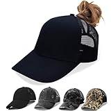 Criss Cross Hat Washed Distressed Baseball Cap Ponytail Hat High Messy Bun Ponycap for Women (BlackMesh)
