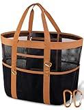 Yeendibo Chic & Spacious XX-Large Beach Bag for Women – 12 Pockets, Waterproof Mesh, Lightweight, Includes 2 Carabiners