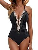 BMJL Women's Sexy One Piece Swimsuit Ruched Tummy Control Bathing Suit Plunge Color Block Swimwear(L,Black)