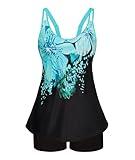2 Piece Swimsuit for Women Tummy Control Bathing Suits Full Coverage Classic Tankini with Shorts Blue Floral Small