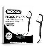 Natural Dental Floss Picks High Toughness Charcoal Toothpicks Sticks-Vegan,Eco-Friendly Sustainable Flossers for Teeth Cleaning (200 Count)