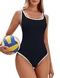 Blooming Jelly Womens One Piece Swimsuit Sporty Tummy Control Bathing Suit 2025 Ribbed Slimming Cute Flattering High Cut Swimwear (Small, Black)