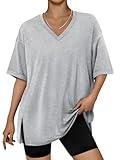 Trendy Queen Oversized Tshirts for Women Workout Plus Size Tops V Neck Short Sleeve Tunic Side Slit Outing T Shirts 2025 Spring Summer Casual Clothes Loose Fit Basic Tees Beach Vacation Grey XXL