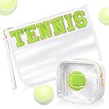 Hillban 2 Pcs Tennis Team Gifts Makeup Cosmetic Bag Clear Zipper Toiletry Pouch for Travel Chenille Letter Flat Purse PVC Waterproof Organizer Storage Case tennis Accessories for Women Sport Coach