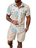 COZYEASE Men's 2 Pieces Floral Letter Graphic Print Button Front Short Sleeve Shirt Top and Shorts Set Multicolor L