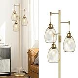 Dimmable Industrial Floor Lamps for Living Room, Gold Tree Standing Tall Lamps with 3 Elegant Teardrop Cage Head & 800 Lumens LED Bulbs for Bedroom Office