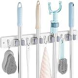 OUTNILI White Mop Broom Holder Wall Mount with 4 Slots & 4 Hooks - Wood Broom Mop Hanger for Pantry Closet Laundry Room Organization - Heavy Duty Garden Tool Organizer - White Kitchen Decor