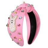 NVENF Easter Headband for Women Beaded Rabbit Bunny Headband White Pink Crystal Pearl Knotted Hairband Happy Easter Hair Accessories Spring Holiday Headwear Outfits Gifts (Bunny A - Pink)