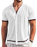 COOFANDY Summer Shirt for Men Vintage Polo Shirts Short Sleeve Knit Button Down Shirt White