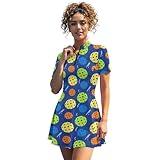AFPANQZ Pickleball Print Tennis Dress for Women Short Sleeve Golf Dresses with Shorts and Pockets Fashion Zip Up Stand Collar Golf Outfits