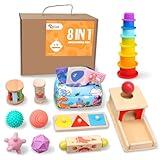 Montessori Toys for Babies 6-12 Months,1 Year Old,8 in 1 Baby Sensory Toy for 12-18 Months Toddler,Wooden Educational Development Toys with Soft Stacking Cup&Sensory Ball&Tissue Box