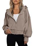 Trendy Queen Hoodies for Women Full Zip Up Cropped Sweatshirts Jackets Casual Comfy Gym Tops Fall Outfits Winter Clothes 2025 CoffeGrey M