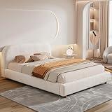Merax Queen Size Teddy Fleece Thick Fabric Upholstered Platform Bed with Curved Shaped Headboard, Wood Bed Frame with Solid Round Legs for Kids Teens Adults, White