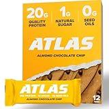 Atlas Protein Bar, 20g Protein, 1g Sugar, Clean Ingredients, Gluten Free - Almond Chocolate Chip, 12 Count