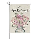 Welcome Floral Garden Flag Mason Jar 12x18 Inch Double Sided Watercolor Sweet Pea Flower Garden Flags for Outside Small Burlap Holiday Flag for Patio, Lawn & Garden Outlet Decor