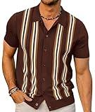 PJ PAUL JONES Men's Retro Shirts Short Sleeve Button Up 2024 Fashion Stylish Classic Knitted Mens 1960s 60s Shirt Dark Coffee L