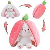 MIAODAM Bunny Stuffed Animal Reversible Cuddle Bunny Stuffed,Strawberry Bunny Transformed Rabbit Plush Zipper,Carrot That Turns Into Ears Bunnies Plushies Toy Cute Stuffy Doll Easter Girlfriend Gift
