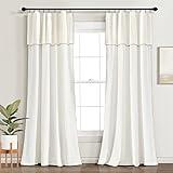 Lush Decor Modern Faux Linen Embroidered Edge with Attached Valance Window Curtain Panel Pair, 84" L x 52" W, Light Linen
