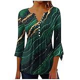 3/4 Sleeve tees for Women Womens Fall Tops 2023 Casual 3/4 Sleeve V Neck Floral Print Shirts Buttons Ruffle Ethnic Style Trendy Blouses 3 Quarter Sleeve Shirts Women Army Green M