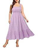 Pinup Fashion Women Plus Size Summer Dress Purple Floral Spaghetti Strap Smocked Casual Beach Easter Sleeveless Long Flowy Sundress