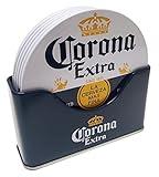 Corona 6 pc Coaster Set with Standing Metal Holder, White and Blue