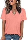 WIHOLL V Neck T Shirts for Women Loose Fit Casual Summer Tops Short Sleeve Shirts Trendy Clothing Fashion 2025 Coral M
