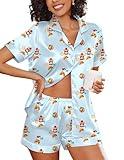 Ekouaer Silk Pjs for Women Sleep Set Summer Short Pajamas Satin Button Down Shirt and Shorts Loungewear Comfy Set,Light Blue Croissant,L
