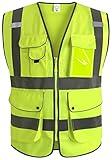 XIAKE 9 Pockets Class 2 High Visibility Reflective Safety Vest Men Women Work Construction Vest Zipper Front Meets ANSI Standards(Yellow,Large)