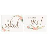 Andaz Press Wedding Party Signs, Faux Rose Gold Glitter with Florals, 8.5x11-inch, He Asked, She Said Yes! Engagement Save the Date Photoshoot Signs, 2-Pack, Colored Decorations