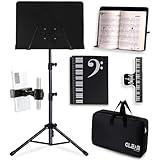 GLEAM Sheet Music Stand - Full Metal with Carrying Bag, Phone Holder, Sheet Music Folder and Clip, 5 in 1 Desktop Book Stand