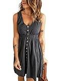BLENCOT Summer V Neck Button Down Tank Dresses for Women Casual Sleeveless A-Line Swing Short Dress Gray 2XL