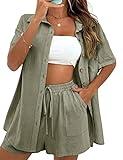 APAFES Women Summer Cotton Linen Short Sets 2 Piece Shorts Top Lounge Beach Vacation Two Piece Outfits Tracksuits(762-ArmyGreen-L)