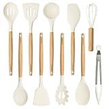CAROTE Silicone Cooking Utensils Set, Kitchen Utensils Set 10 Pcs for cooking, BPA Free Spatula Set with Heat Resistant Wood Handles for Nonstick Cookware (Cream White)
