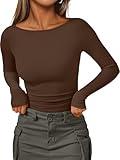 Trendy Queen Women Long Sleeve Shirts Ribbed Tops Fall Fashion 2025 Underscrub Basic Casual Clothes Cute Boat Neck Tight Tees Cotton Workout Gym Undershirts Knit Office Athletic Fit Clothing Brown M