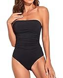 Holipick Women Black Bandeau One Piece Swimsuits Tummy Control Bathing Suits Halter Strapless Swimwear M