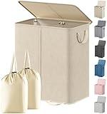 Lifewit Double Laundry Hamper with Lid and Removable Laundry Bags, Large Collapsible 2 Dividers Dirty Clothes Basket with Handles for Bedroom, Laundry Room, Closet, Bathroom, College, 136L Beige