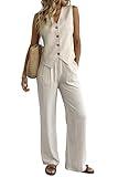 Women's 2 Piece Outfits Linen Vest Waistcoat Dressy Casual Sets Wide Leg Pants Suits Beige
