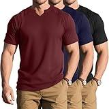 Neer 3 Pack Men's Big and Tall T Shirts Fit Ribbed V Neck Short Sleeves Henley Tops Muscle Gym Summer Basic Tee(Wine Red, Navy Blue, Black,3XL)