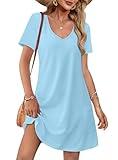 OFEEFAN Women's Summer Dresses Short Sleeve T Shirts Dress Casual V Neck Vacation Beach Sundress with Pockets Beach Vacation Essentials Fashion A Blue L
